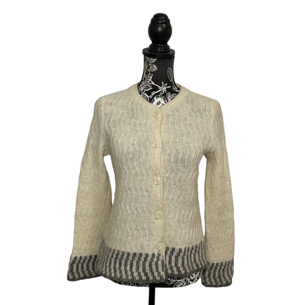 Varma Cardigan Sweater Icelandic Wool Button Up Knit Fuzzy Cream Gray Small